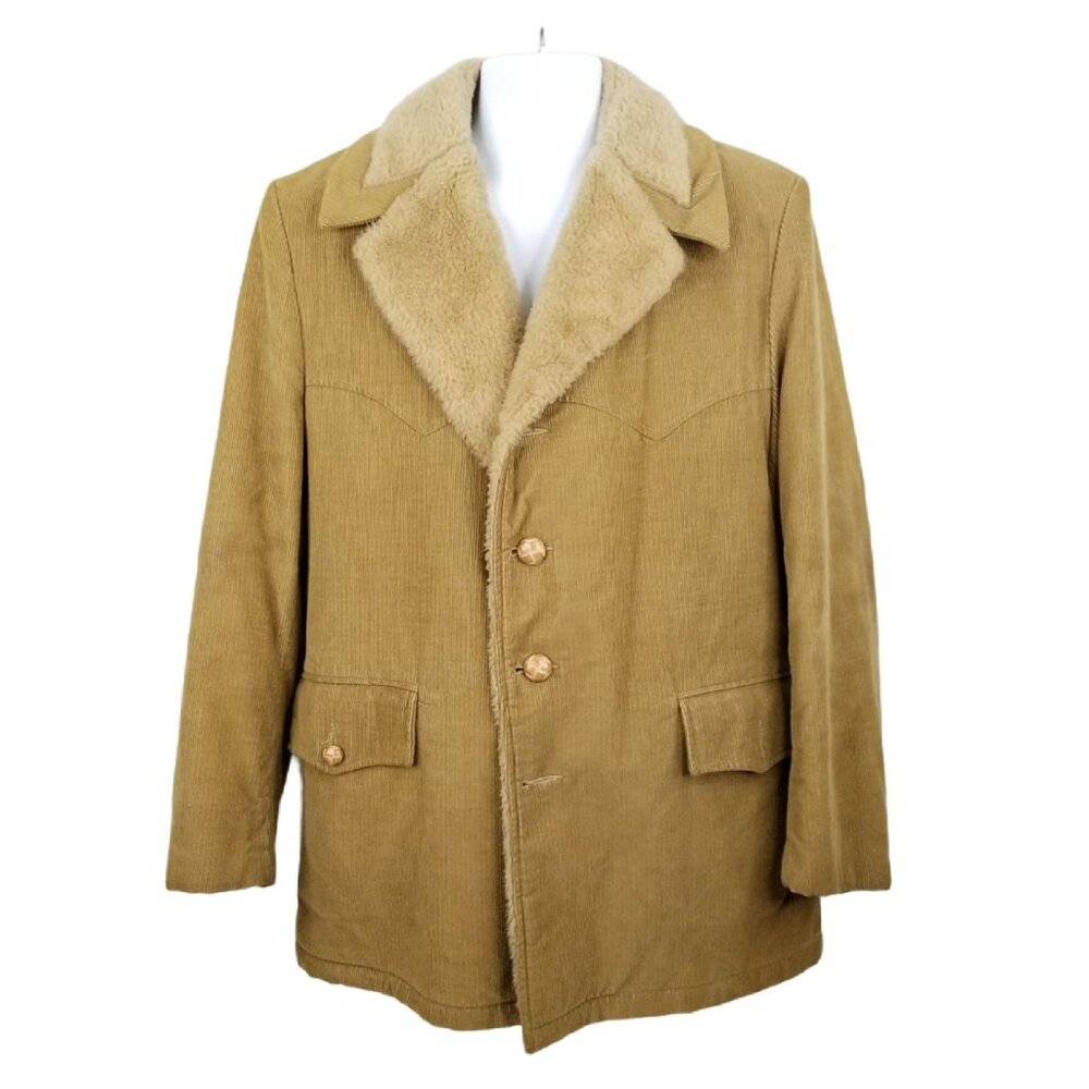 Peters All Weather Wear Corduroy Coat Size 42 Vintage 60s Faux Fur Lining Collar